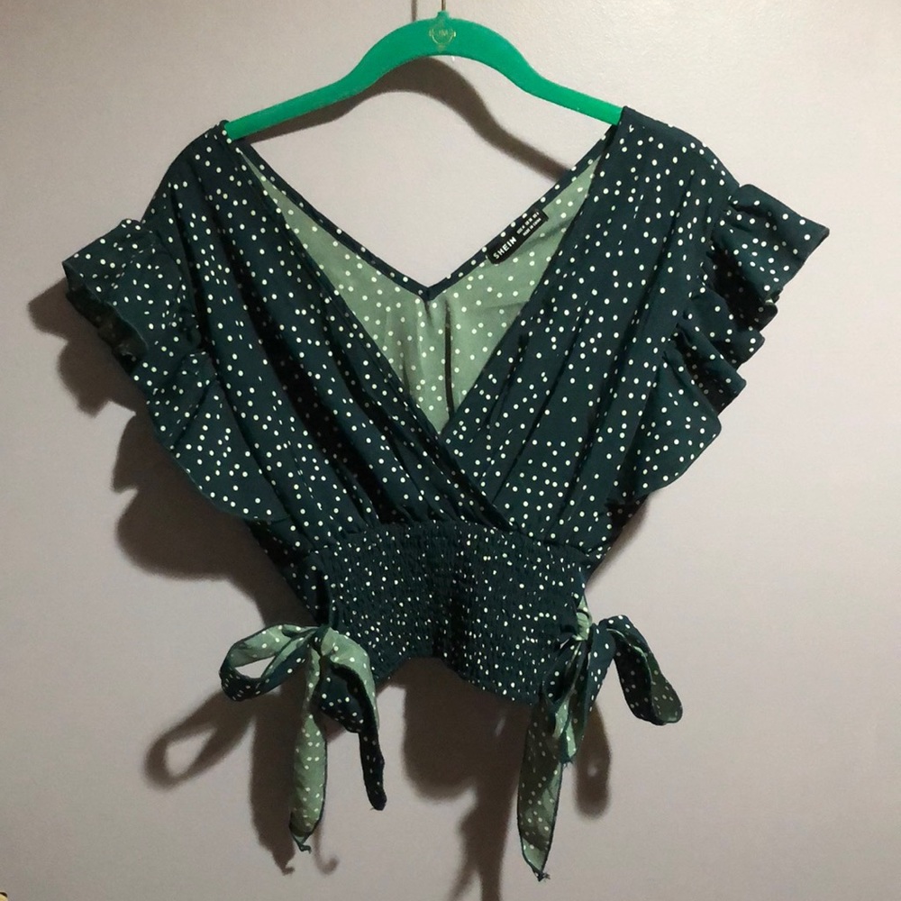 Shein Green Polka Dotted Wrap Style Crop Top w/ Flutter Sleeves